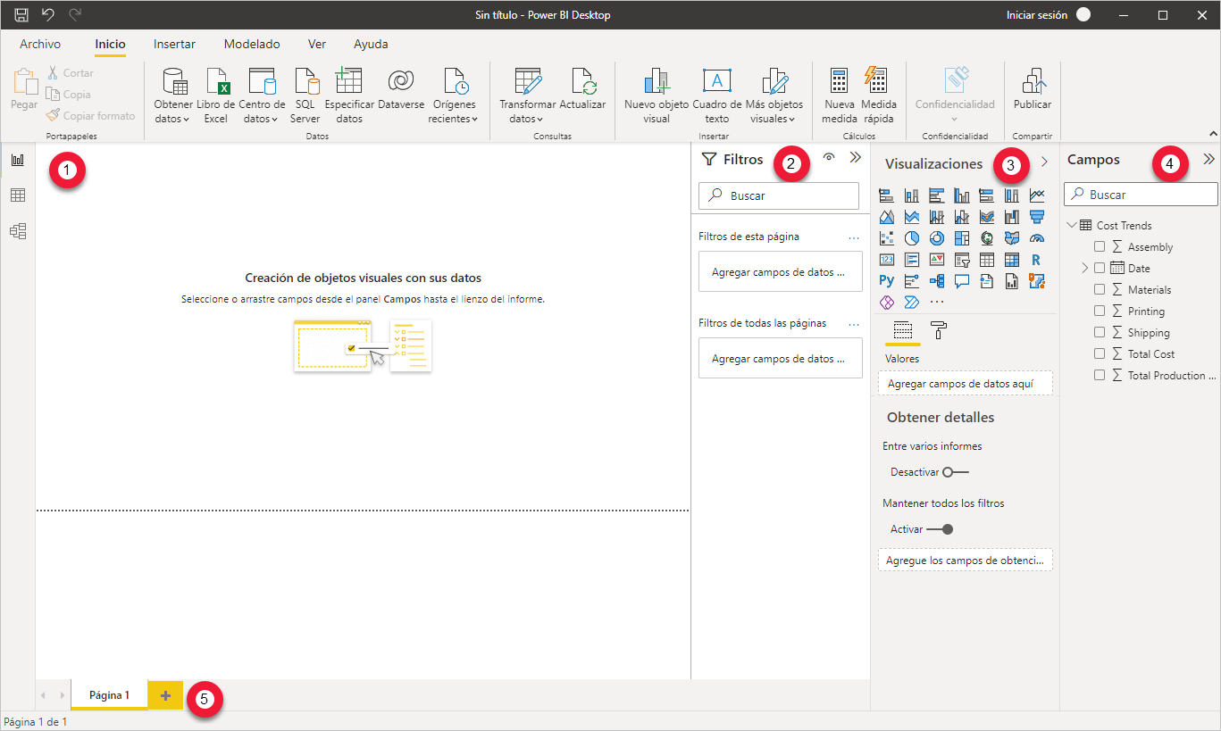 Captura de pantalla de Power BI Desktop con los elementos de vista de informe numerados