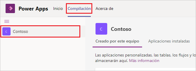 Captura de pantalla de la pestaña Crear en Power Apps con la pestaña Equipo de Contoso resaltada