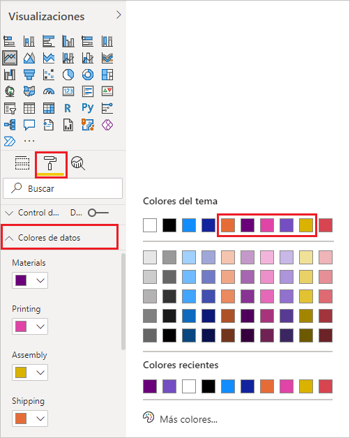 Captura de pantalla del panel Visualizaciones con el icono de la pestaña Formato seleccionado y la opción Colores de datos resaltada