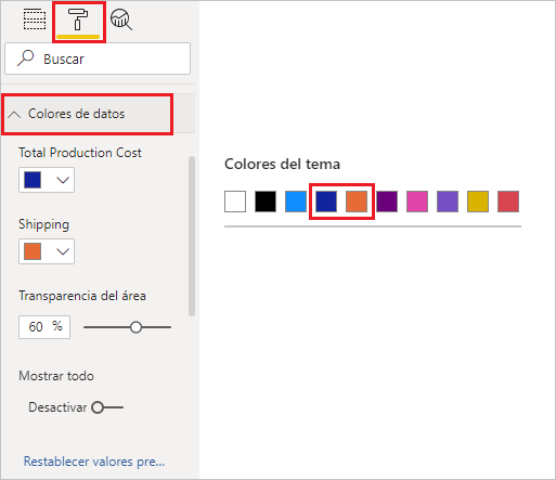 Captura de pantalla de la pestaña Formato con la opción Colores de datos seleccionada