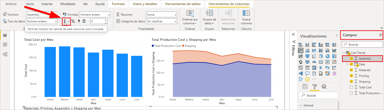 Captura de pantalla de la pestaña Herramientas de columna en Power BI Desktop con el icono de divisa resaltado
