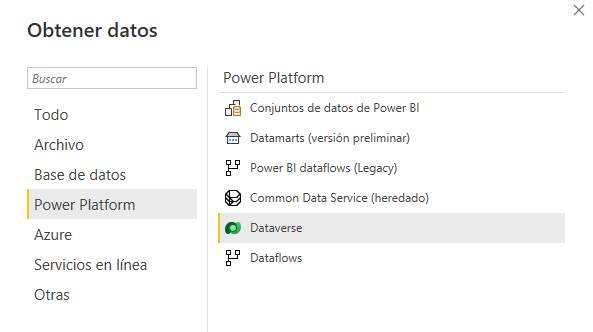 Captura de pantalla de la página Obtener datos con la opción Microsoft Power Platform seleccionada y la opción Dataverse resaltada
