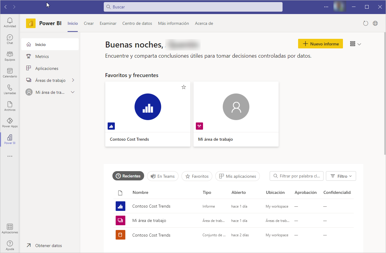 Screenshot of the Power BI app for Teams launch page.