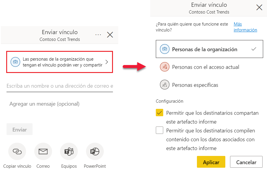 Captura de pantalla del cuadro de diálogo Enviar vínculo con Personas de su organización seleccionadas
