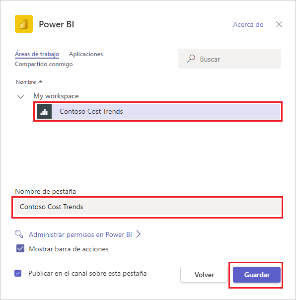 Screenshot of the Power BI dialog box with the Tab name field and My workspace set to Contoso Cost Trends.