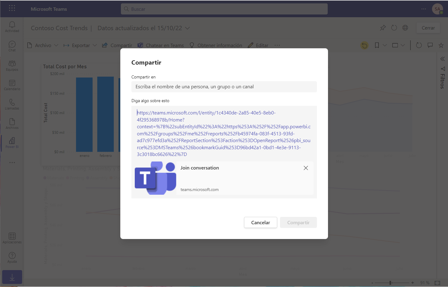 Screenshot of Teams with the Share to Microsoft Teams dialog box open.