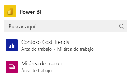 Screenshot of the Power BI menu with the reports listed.