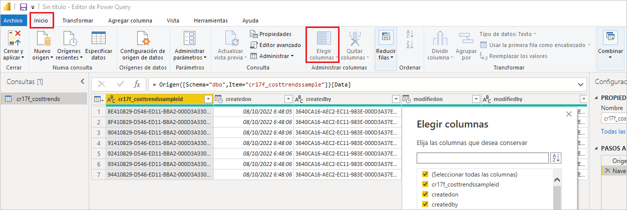 Captura de pantalla de la cinta de opciones Inicio del Editor de Power Query con la opción Elegir columnas seleccionada