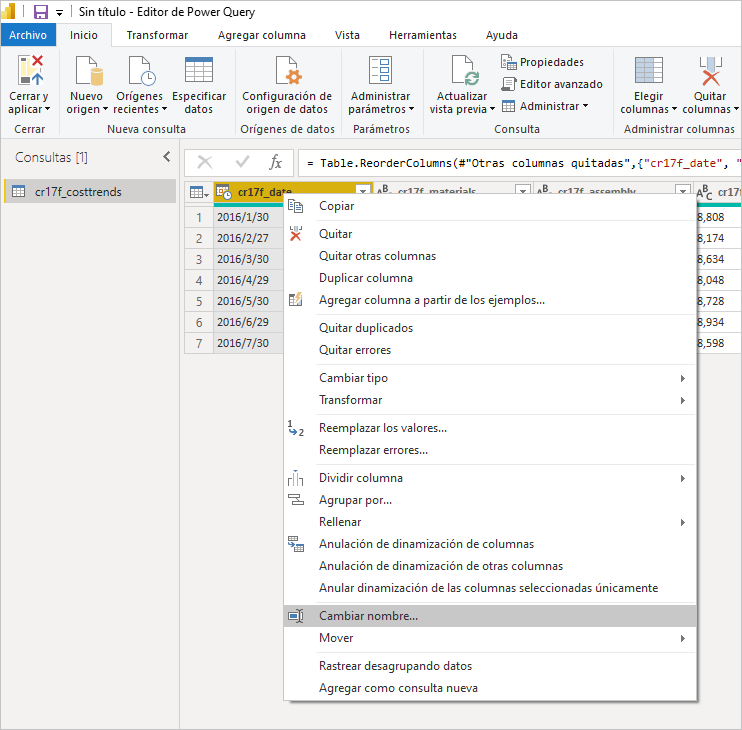 Captura de pantalla del Editor de Power Query con el nombre de la primera columna seleccionado con el botón derecho del ratón y la opción Cambiar nombre seleccionada