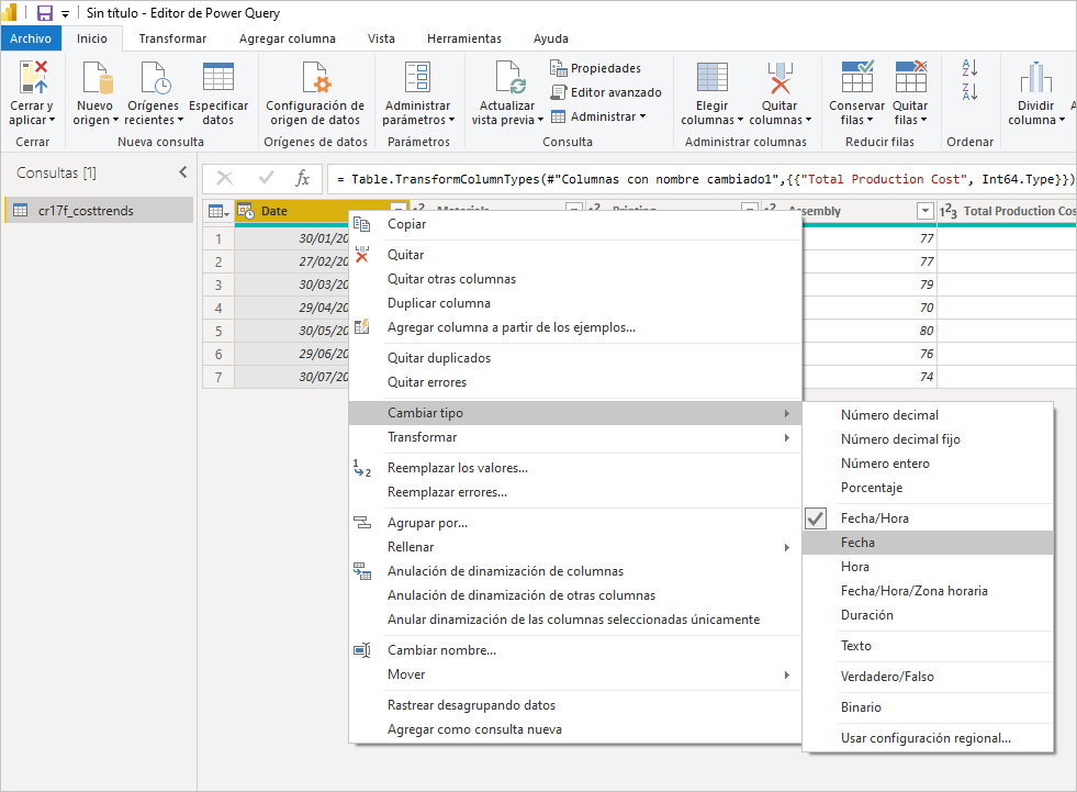 Captura de pantalla del Editor de Power Query con la columna Fecha seleccionada con el botón derecho del ratón, Cambiar tipo seleccionado y Fecha resaltada