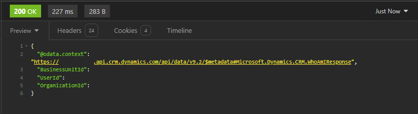 Captura de pantalla de la solicitud correcta con datos devueltos