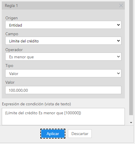 Captura de pantalla de la configuración de la regla para la condición