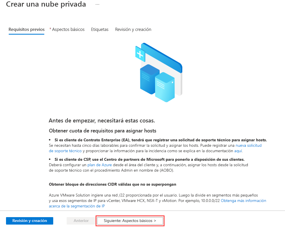 Captura de pantalla que muestra el panel de requisitos previos antes de compilar el entorno de nube privada de Azure VMware Solution en Azure.