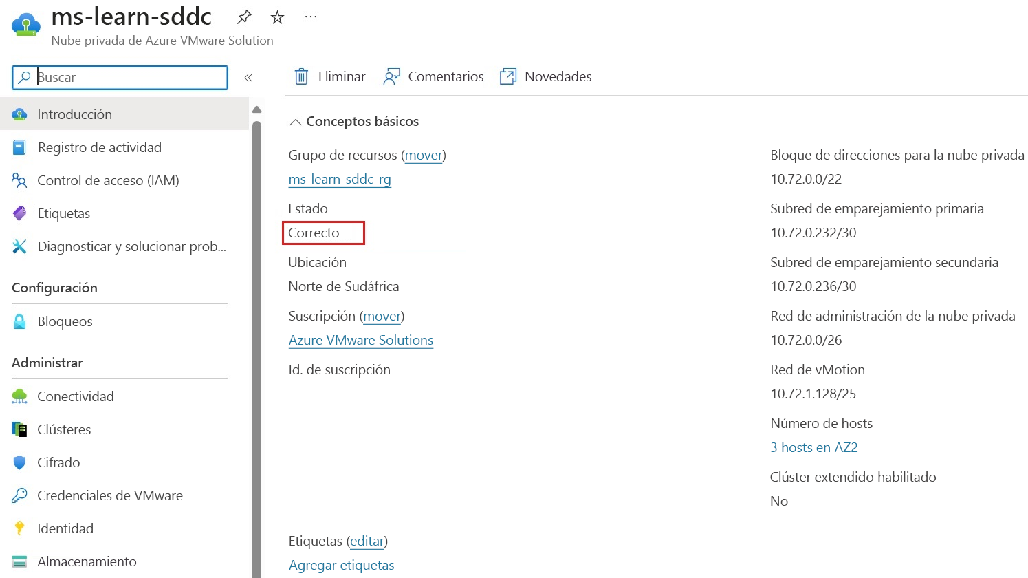 Captura de pantalla que muestra la implementación de la nube privada completada correctamente.