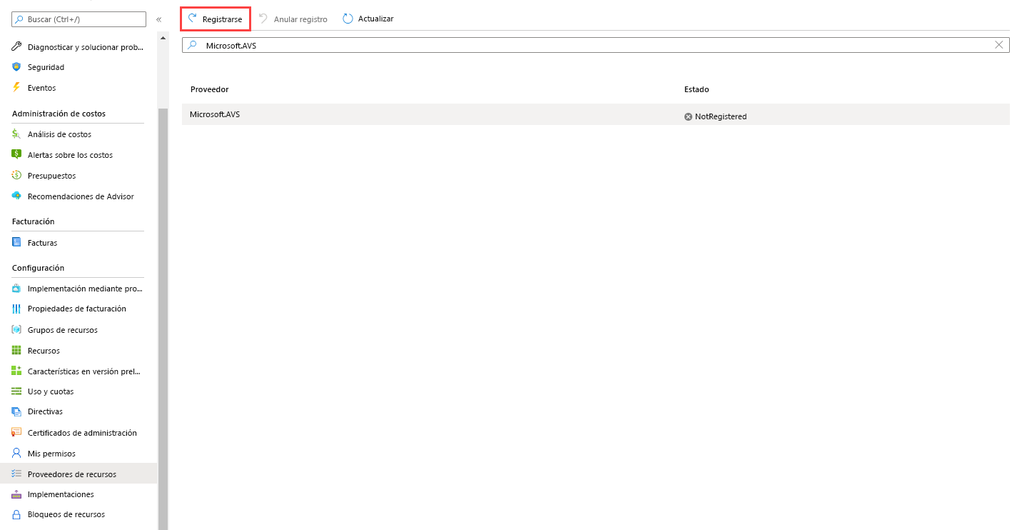 Captura de pantalla que muestra el botón Registrar en la parte superior de la página Proveedores de recursos de suscripción > en Azure Portal.