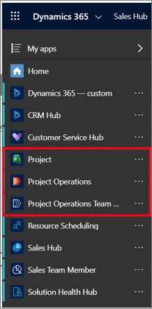 Captura de pantalla de la lista de aplicaciones de Dynamics 365 con Project, Project Operations y Equipo de Project Operations resaltados