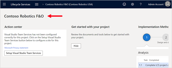 Captura de pantalla de la página del portal de Lifecycle Services en la que se muestra Contoso Robotics F&O en la parte superior izquierda
