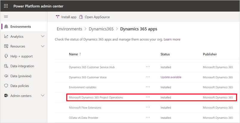 Captura de pantalla de la página de aplicaciones de Dynamics 365 de entornos en el Centro de administración de Power Platform; Microsoft Dynamics 365 Project Operations muestra el estado Instalado