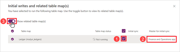 Captura de pantalla de las escrituras iniciales y los mapas de tablas relacionados con Mostrar asignaciones de tablas relacionadas activadas y con el libro mayor no ejecutándose.