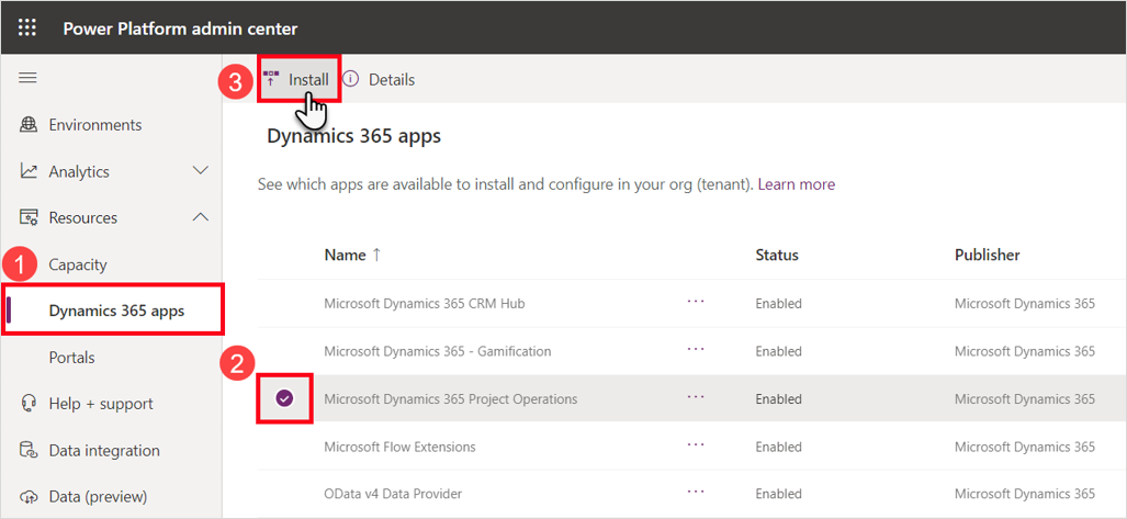 Captura de pantalla de la página de aplicaciones de Dynamics 365 del Centro de administración de Power Platform, con Microsoft Dynamics 365 Project Operations seleccionado y el botón Instalar resaltado