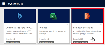 Captura de pantalla de la página de Dynamics 365 con el mosaico Project Operations resaltado.