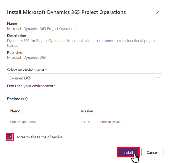 Captura de pantalla del cuadro de diálogo Instalar Microsoft Dynamics 365 Project Operations