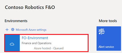Captura de pantalla de la página de Contoso Robotics F&O con FO-Entorno resaltado