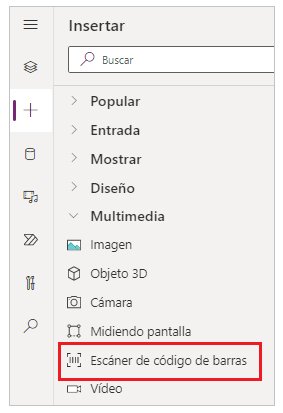 Captura de pantalla del control del escáner de código de barras en el panel Insertar.