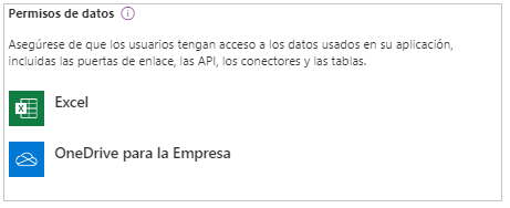 Captura de pantalla del cuadro de diálogo Permisos de datos, con Excel y OneDrive para la Empresa