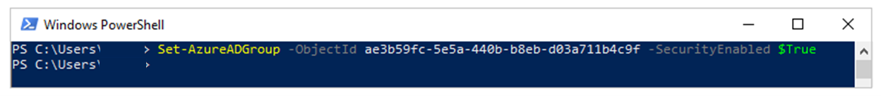 Captura de pantalla de Windows PowerShell con el cmdlet para poner SecurityEnabled en True