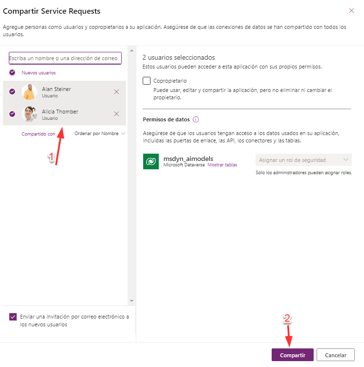 Captura de pantalla del cuadro de diálogo Compartir solicitudes de servicio, con las personas seleccionadas y el botón Compartir destacado