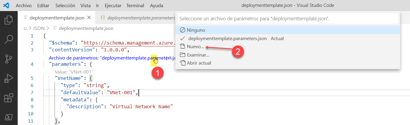 Captura de pantalla en la que se muestran las selecciones para crear un archivo de parámetros en Visual Studio Code.