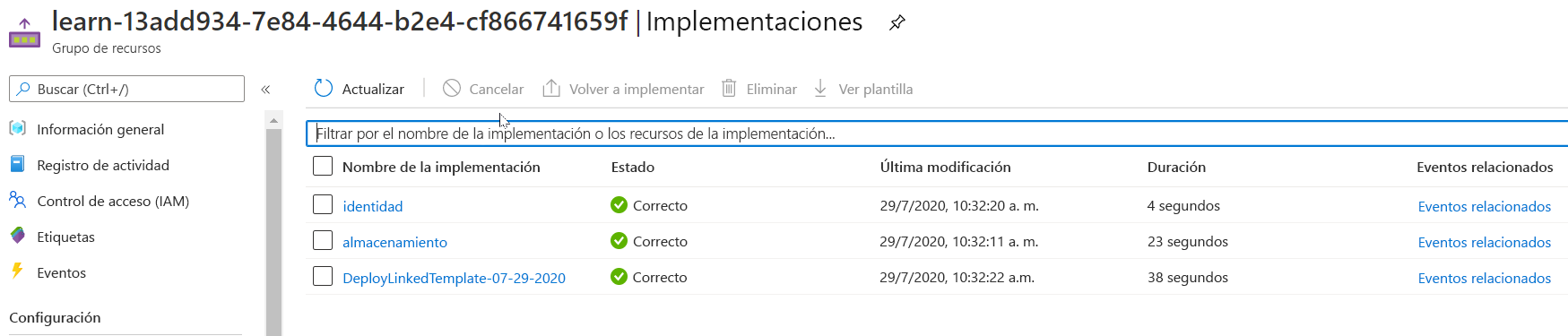 Interfaz de Azure Portal para la implementación específica sin recursos enumerados.