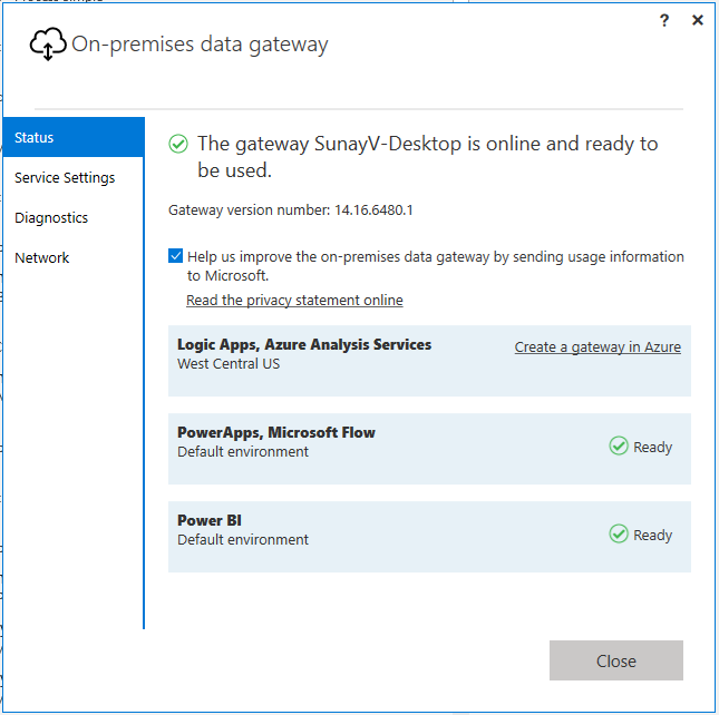 Captura de pantalla de una puerta de enlace local con conexión a Power Apps y Power BI