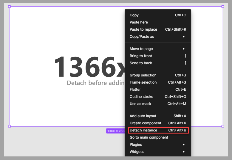 Captura de pantalla del componente de pantalla en el estudio de Figma. El foco se encuentra en la opción Separar instancia del menú contextual.