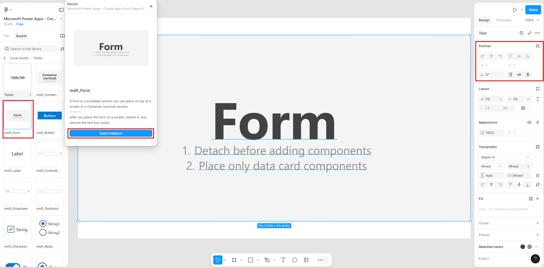 Captura de pantalla del estudio de Figma, que muestra el componente Formulario y las coordenadas y la definición de dimensión del Marco en la sección Marco del panel de navegación derecho