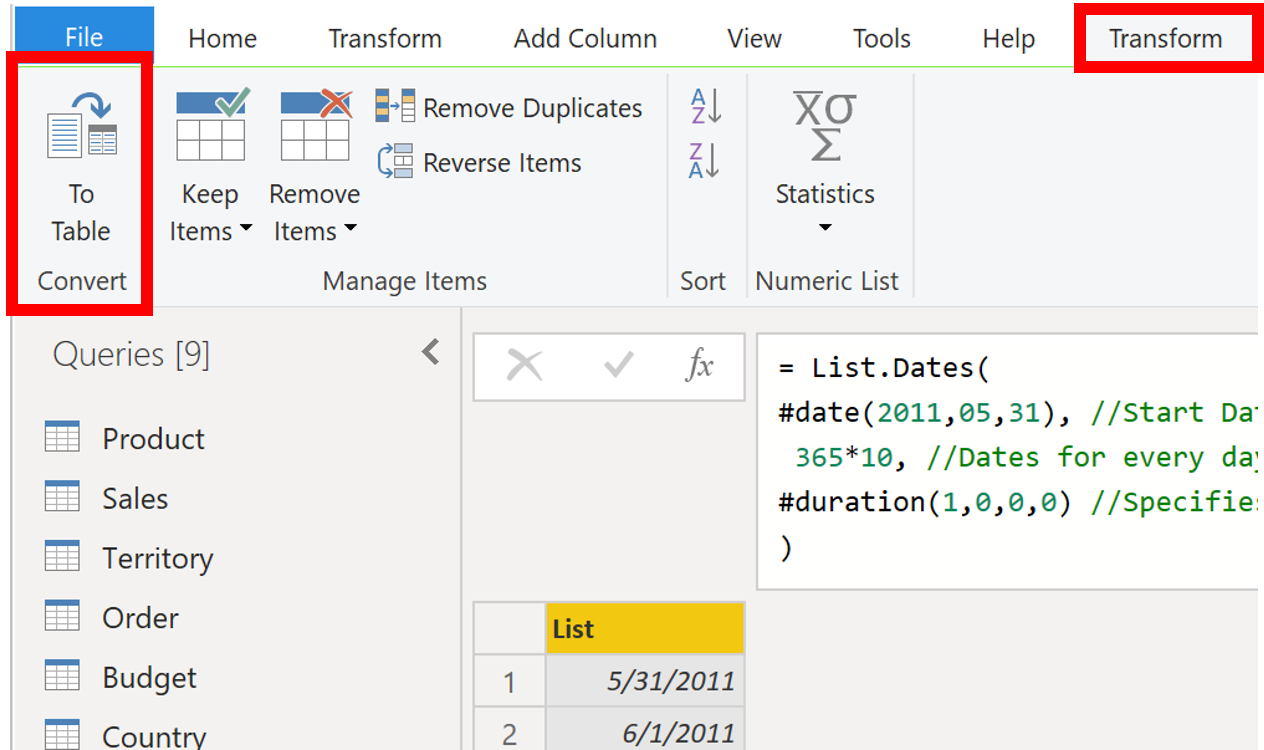 Captura de pantalla de la conversión de una lista en una tabla en el editor de Power Query.