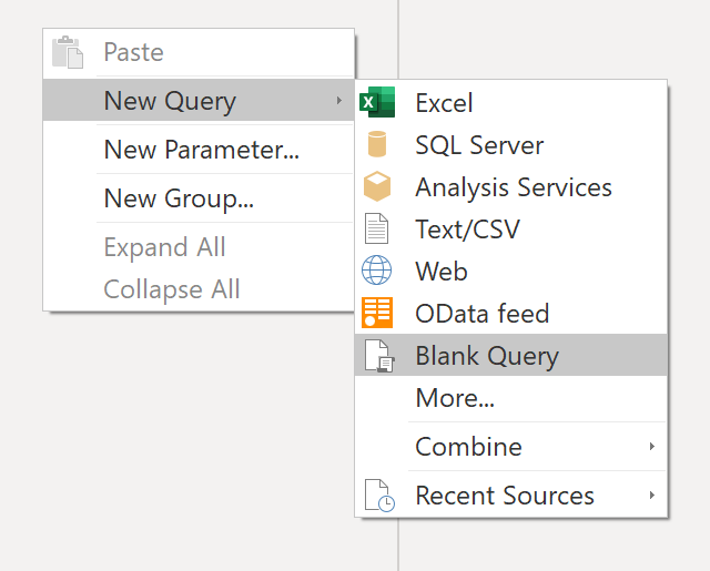 Captura de pantalla de la creación de una nueva consulta en Power BI