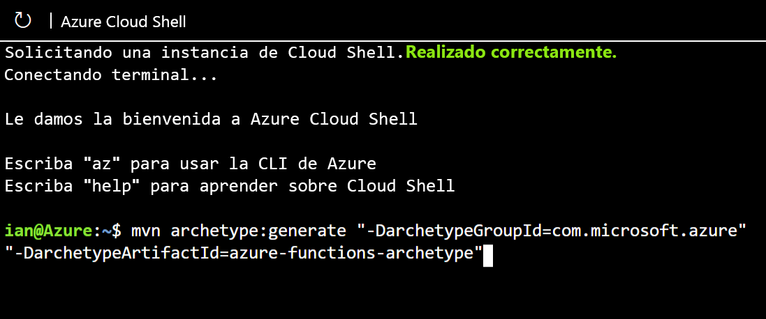 Image showing the Maven command to create an Azure Function archetype.
