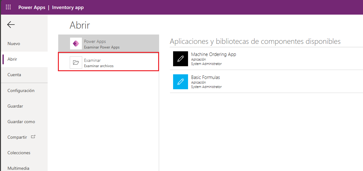 Captura de pantalla de la opción Examinar archivos
