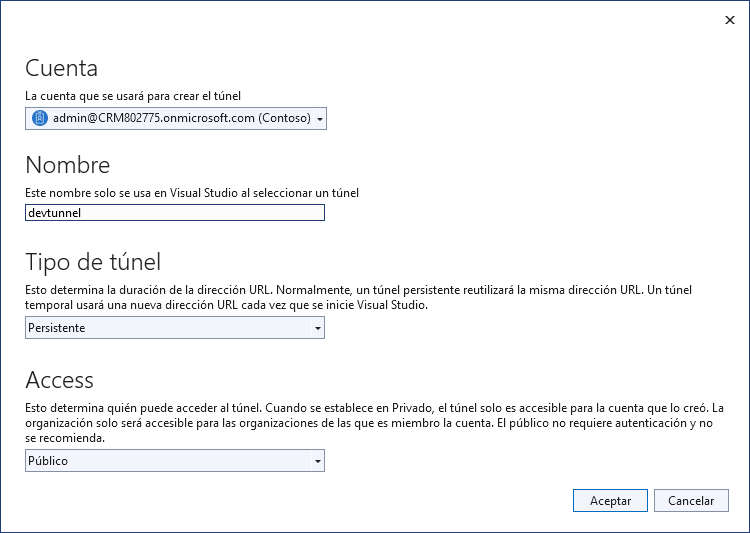 Captura de pantalla de la configuración del túnel de desarrollo