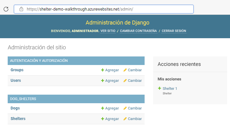 Screenshot showing Django admin and how to add shelters.