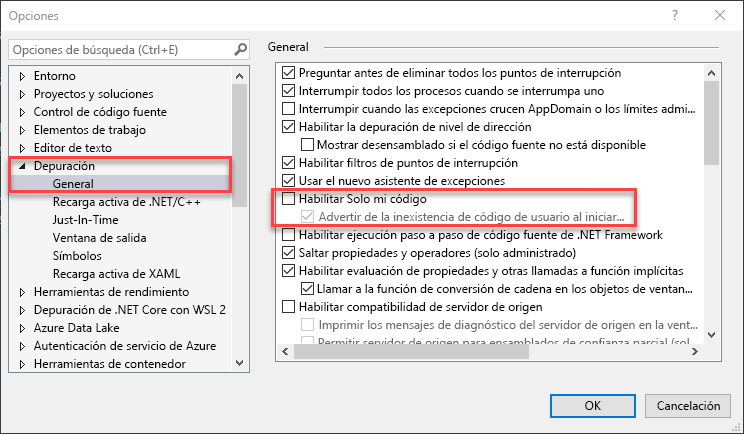 A screenshot of the Visual Studio debugging settings.