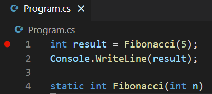 Captura de pantalla de un punto de interrupción agregado en la ventana del editor de Visual Studio Code.