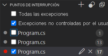 Captura de pantalla que muestra los puntos de interrupción enumerados en el panel Puntos de interrupción.