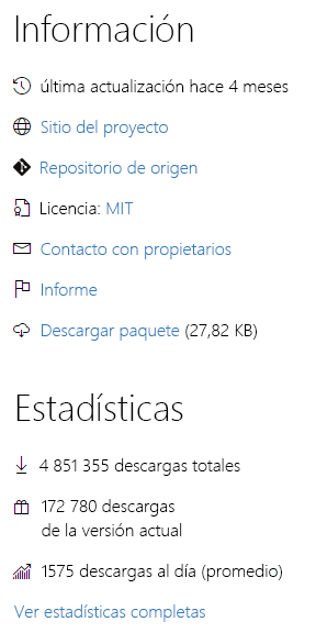 Captura de pantalla de información y métricas en un paquete NuGet.