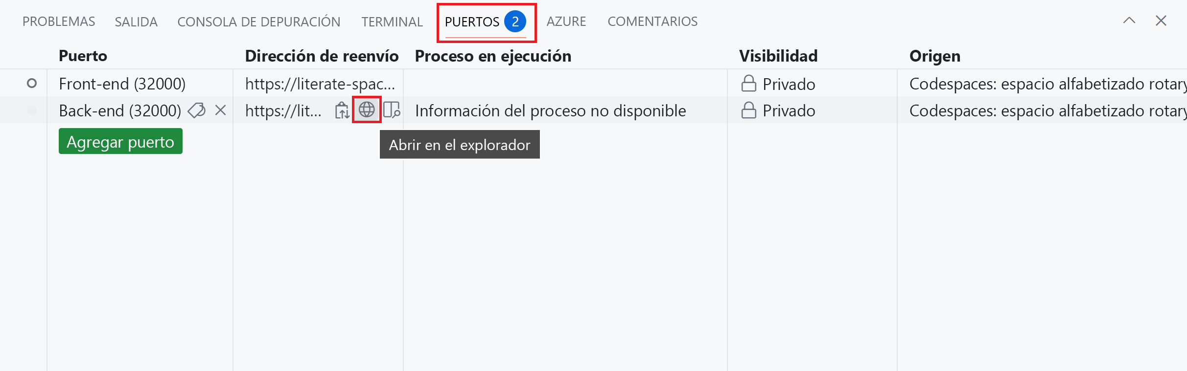 Captura de pantalla que muestra cómo conectarse al servicio de productos back-end.