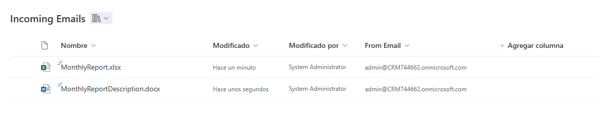 Captura de pantalla de la biblioteca de SharePoint para Correo entrante