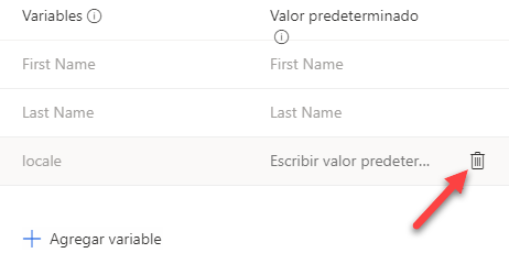 En la lista de variables, la variable local está seleccionada y la flecha señala al botón Eliminar.