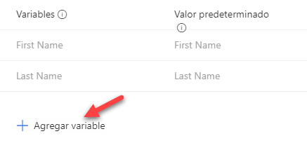 Debajo de la lista de variables, una flecha señala a Agregar variable.